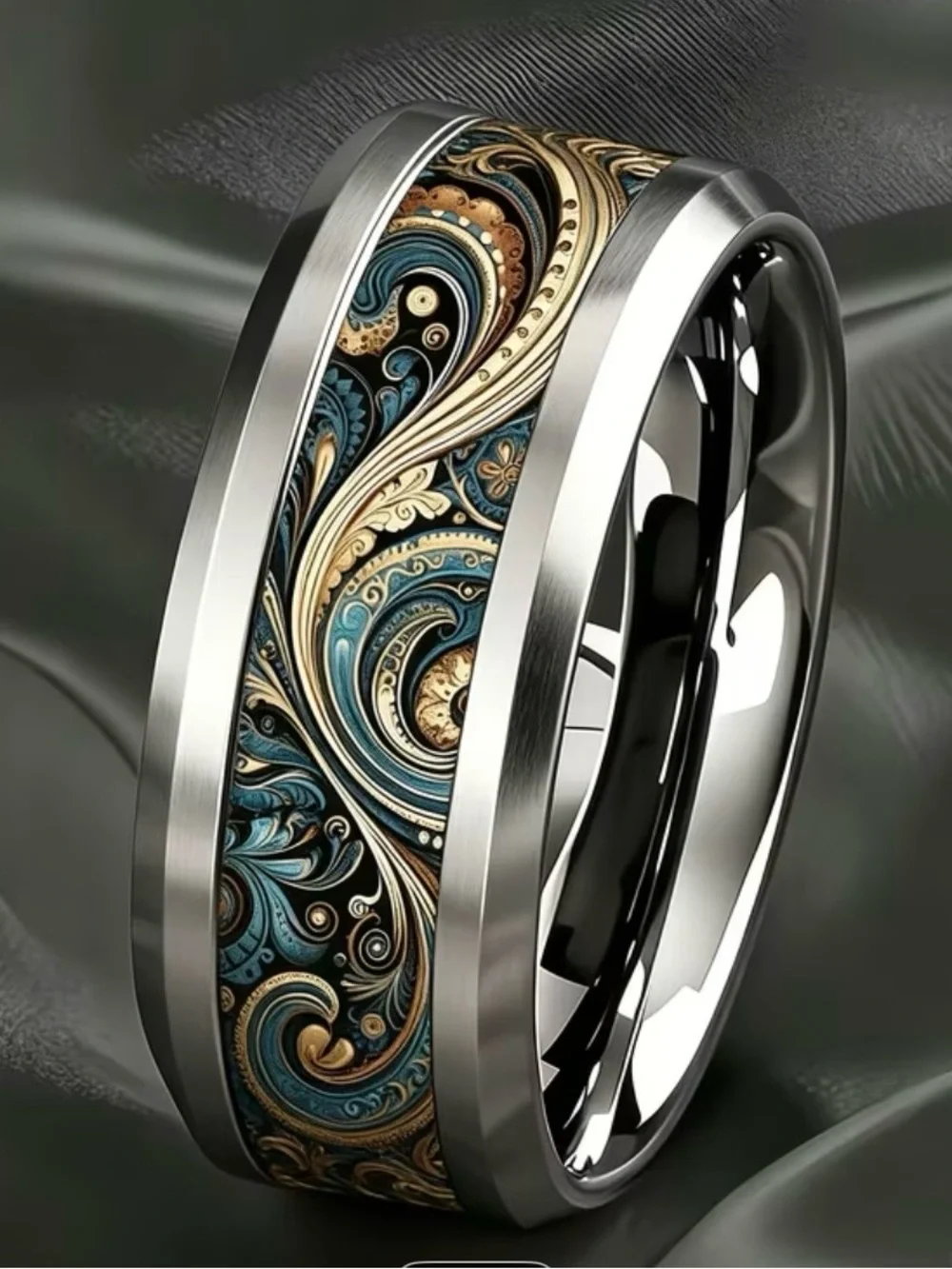 Men's Silver Band Ring with Blue and Gold Filigree Inlay (picture is enlarged)
